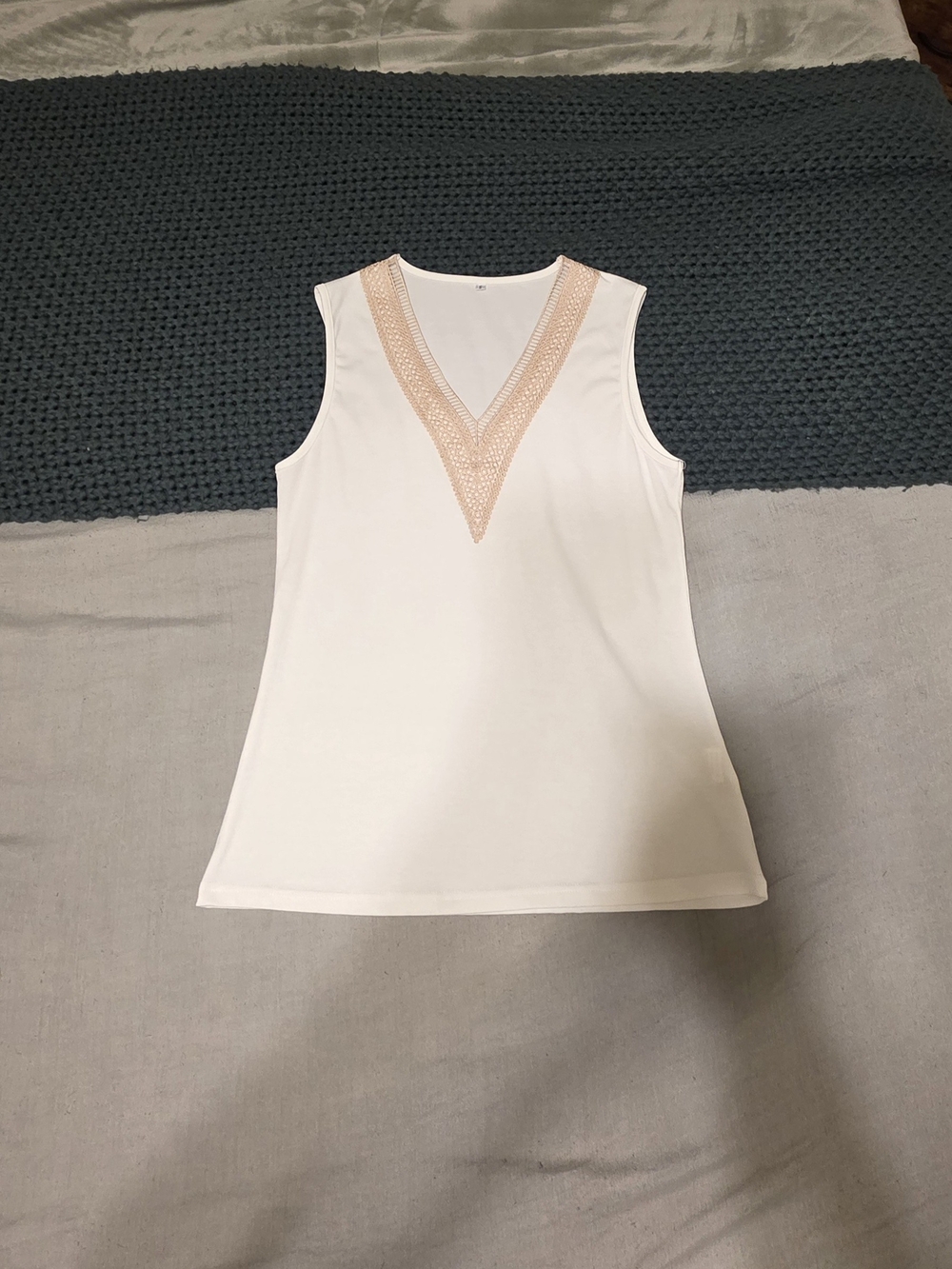 White V-Neck Sleeveless Tank with Beige Crochet Trim
